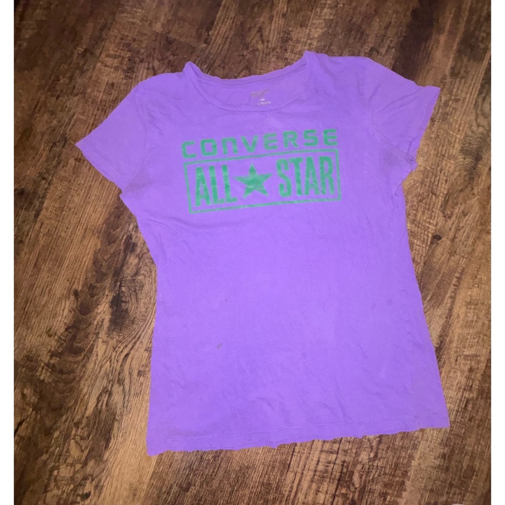 Converse All Star Women Large Purple Green Graphic Logo T-Shirt Short Sleeve Tee